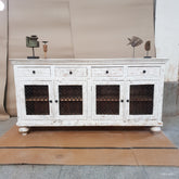 Carved Indian Furniture Handmade Solid Wood Sideboard with Jaali Door With 4 Drawers White 195x45x100Cm